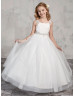 Square Neck Ivory Ruched Tulle Ankle Length Flower Girl Dress